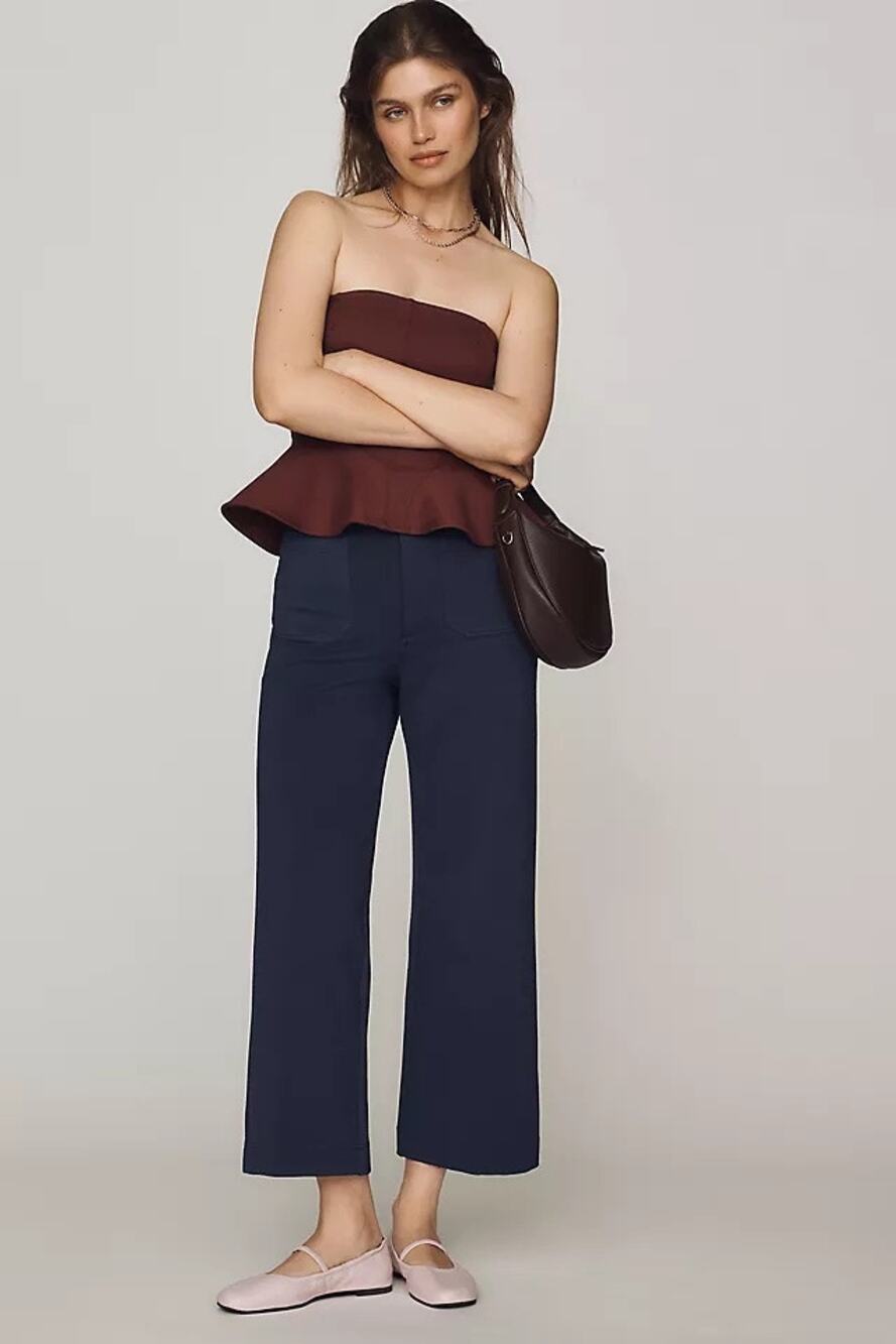 Anthropologie Maeve Colette Navy Blue Knit High Rise Wide Leg Crop Pants Size 28